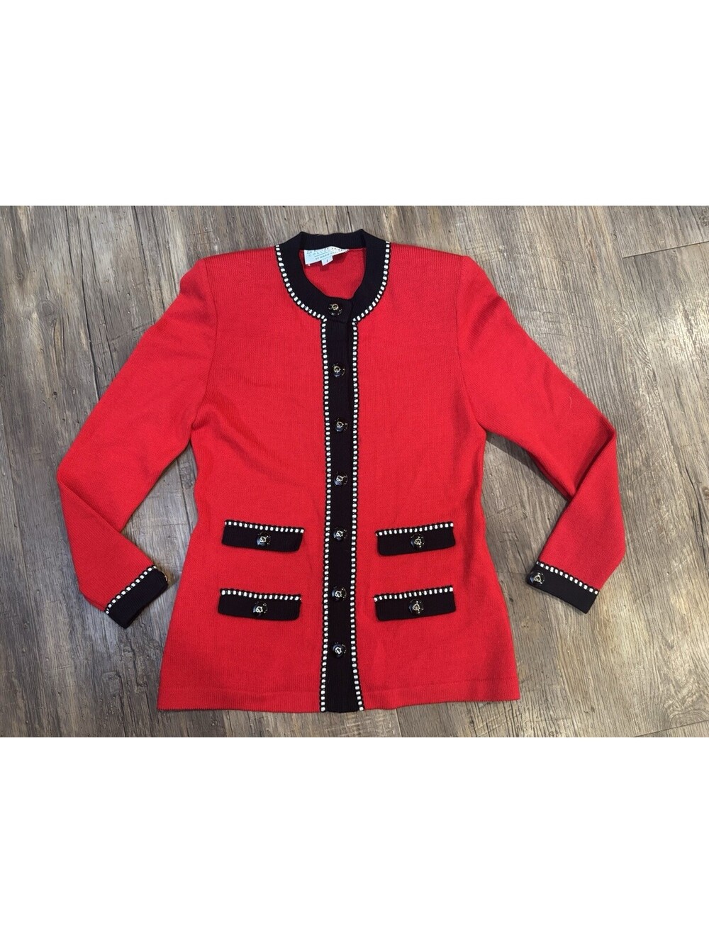 St John Collection By Marie Grey Red & Black Santana Knit Jacket Sz 2 Classic